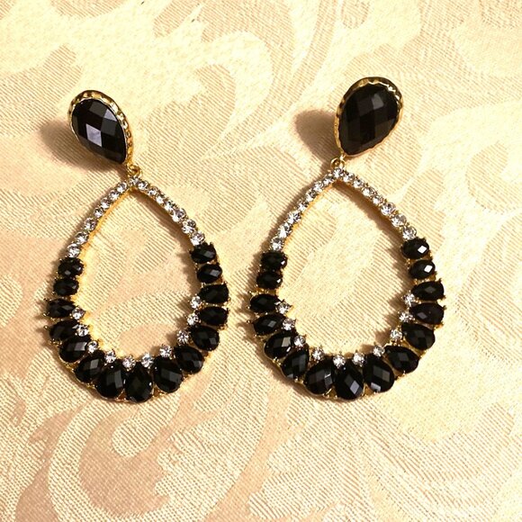 Glittering 2 1/2" Black & Clear Rhinestone Pierced Hoop Earrings - Picture 3 of 4